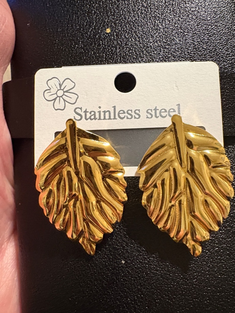 Gold Leaf Stainless Steel Stud Earrings - Gold Tone